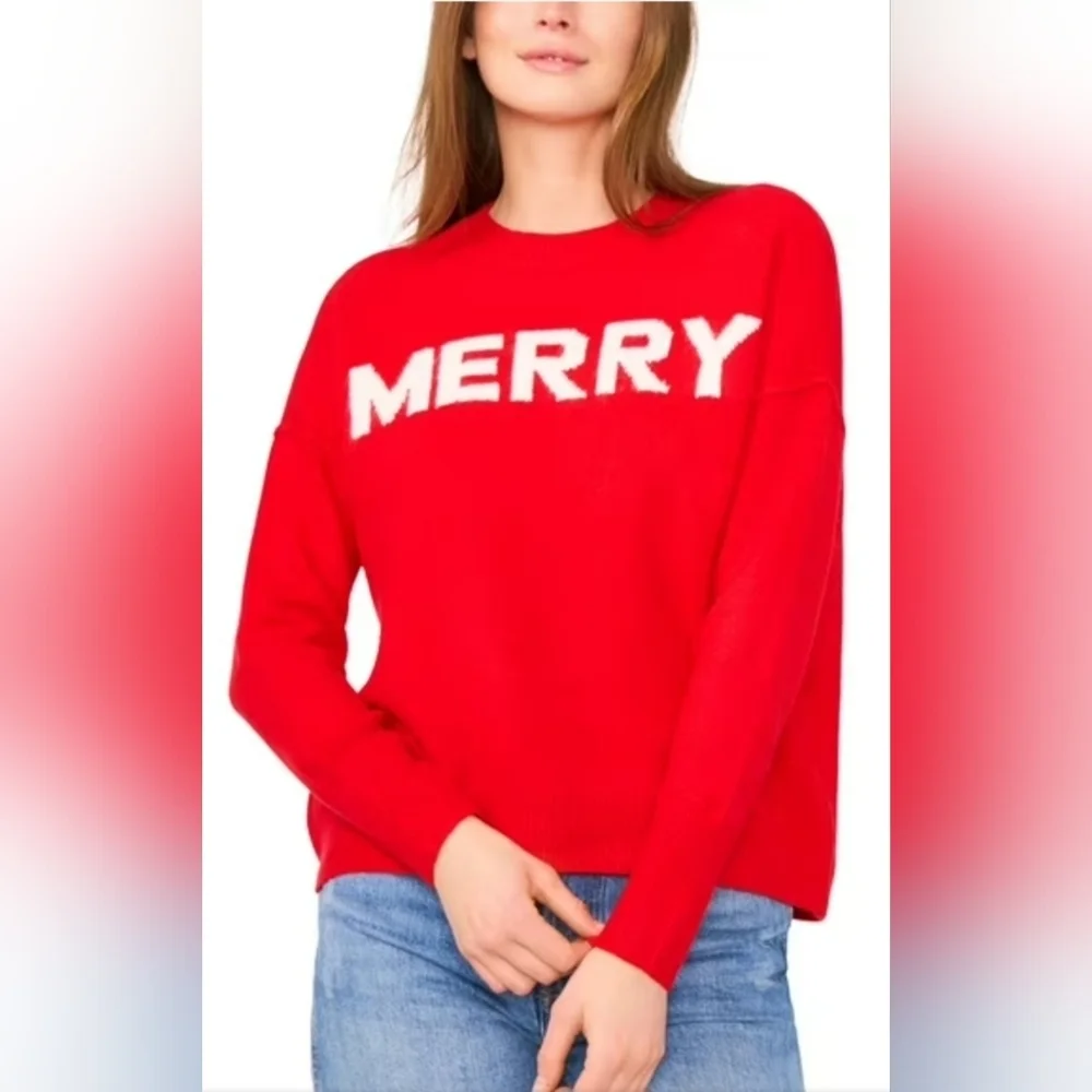 New Vince Camuto Red 'MERRY' Crewneck Holiday Sweater